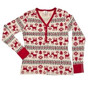 Hanna Andersson Cream Red Green Fairisle Holiday Print Snap Henley Front Size M